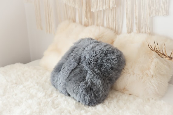 Gray Sheepskin Pillow ON SALE Beautiful Natural Creamy White Real Sheepskin Decorative Cushion Both Side Fur Scandinavian Style