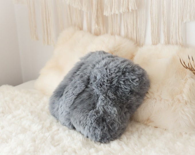 Gray Sheepskin Pillow ON SALE Beautiful Natural Creamy White Real Sheepskin Decorative Cushion Both Side Fur Scandinavian Style