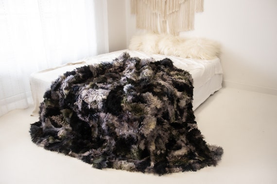 Luxurious Patchwork Toscana Sheepskin Real Fur Throw Real Fur Blanket Sheepskin throw | Sheepskin Blanket | Boho Throw | gray throw |FuFu150