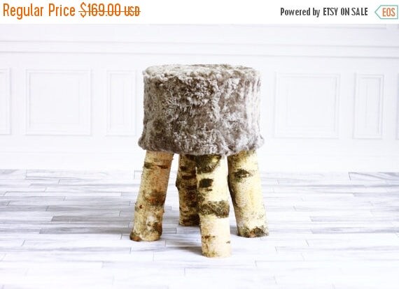ON SALE Luxury Beautiful Real SHAGGY Gray Sheepskin Stool, Chair, Pouf, Scandinavian Design