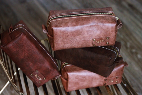 Handmade Personalized Men's Real Leather Toiletry Case Dopp Kit Shaving Bag OOAK Groomsmen Large Gift for him