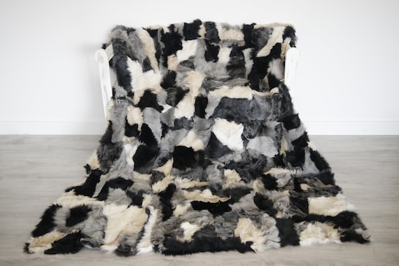 Luxurious Patchwork Toscana Sheepskin Real Fur Throw | Real Fur Blanket | Sheepskin throw | Gray Black |Fu992
