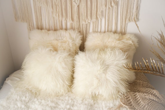 ON SALE Beautiful Natural Creamy White Real Sheepskin Decorative Cushion Both Side Fur Scandinavian Style Icelandic Pillow