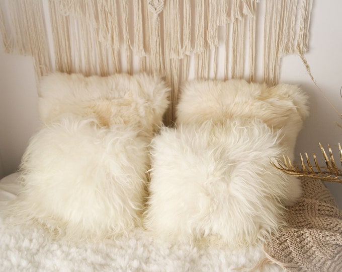 ON SALE Beautiful Natural Creamy White Real Sheepskin Decorative Cushion Both Side Fur Scandinavian Style Icelandic Pillow