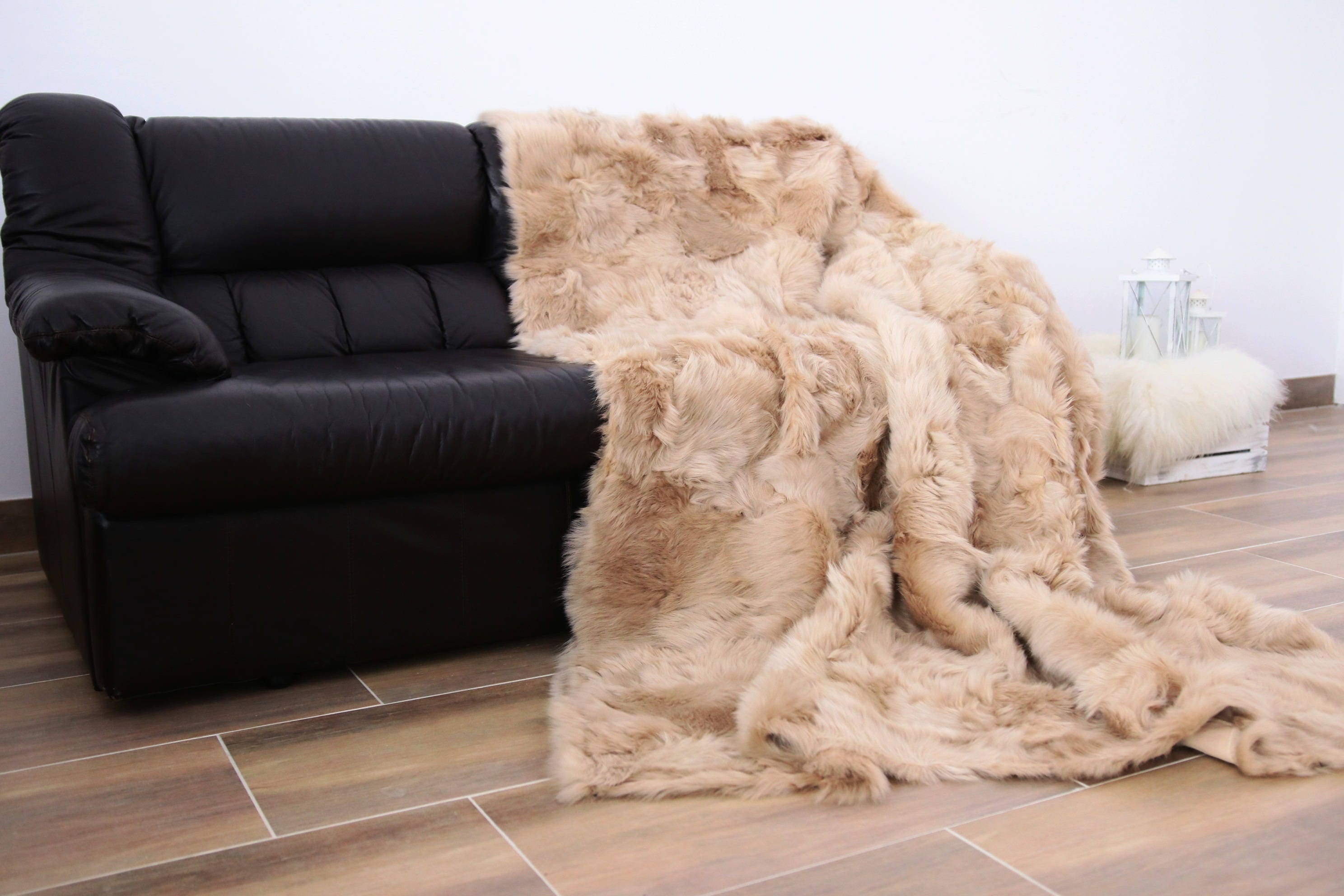 Real Sheepskin Toscana Blanket Throw, Champagne Fur Sofa Throw