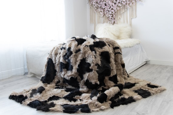 Luxurious Patchwork Toscana Sheepskin Real Fur Throw | Real Fur Blanket | Sheepskin throw | Sheepskin Blanket | Boho Throw |FuFu53