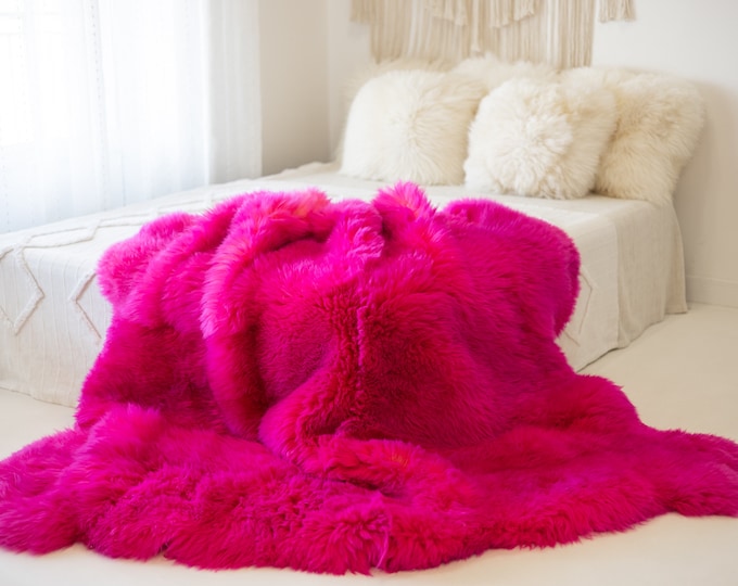 Real Fur Pink Sheepskin Throw | Super Large | Sheepskin Rug | Boho Blanket | Merino Sexto Pink Sheepskin Made Of 6 Sewn Sheepskins |