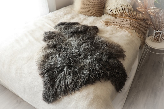 Real Sheepskin Rug Genuine Rare Gotland Sheepskin Rus - Curly Fur Rug Scandinavian Sheep skin - Gray Brown Curly Sheepskin #2Bohgot3