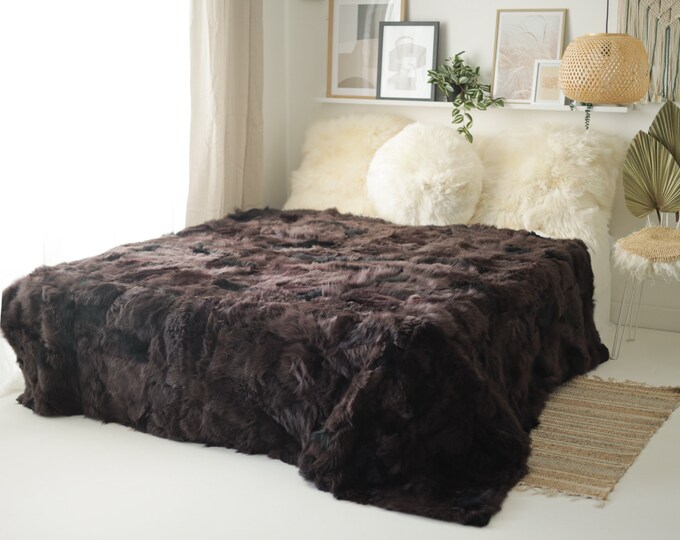 Large Luxurious Patchwork Toscana Sheepskin Rug Fur Throw | Real Fur Blanket | Sheepskin throw | Burgundy Sheepskin Blanket Boho |FuFu378