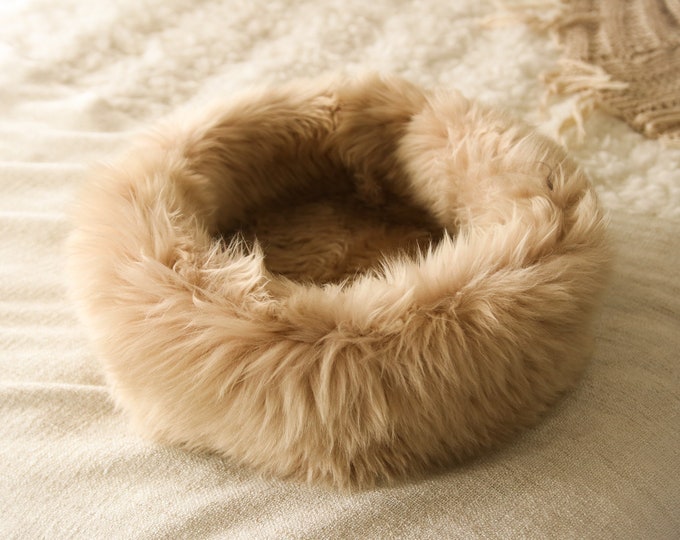 Sheepskin Cat bed | Cat cave | pet bed | Dog Bed | Beige Cat bed | pet furniture | Beige dog bed | Genuine Real Sheepskin |