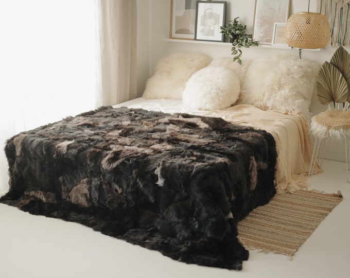 Luxurious Patchwork Toscana Sheepskin Rug Fur Throw | Real Fur Blanket | Sheepskin throw | Gray Brown Sheepskin Blanket Boho |FuFu367
