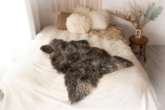 Real Sheepskin Rug Genuine Rare Gotland Sheepskin Rus - Curly Fur Rug Scandinavian Sheep skin - Gray Black Sheepskin #KWAGOT7
