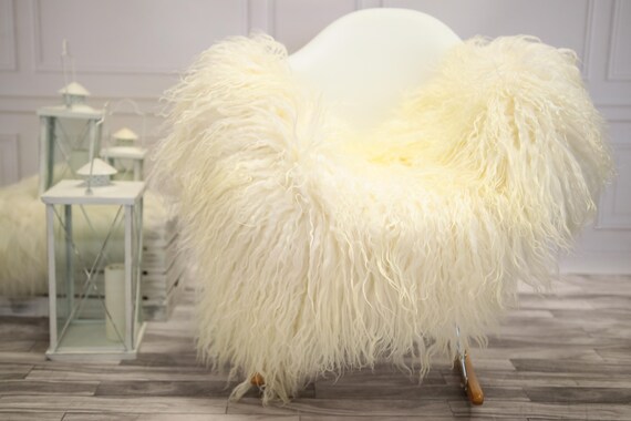 Genuine Rare Mongolian Sheepskin Rug - Curly Fur Rug - Natural Sheepskin - Ivory Sheepskin #DECGOT29