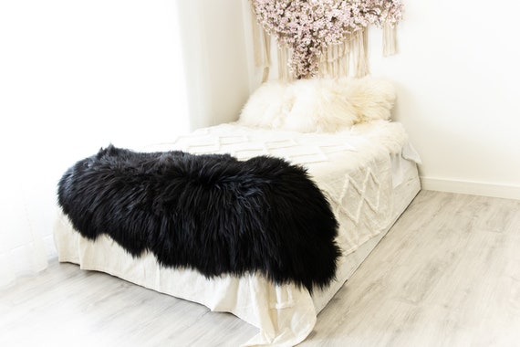 Double Black Icelandic Sheepskin Rug | Long rug | Shaggy Rug | Chair Cover | Area Rug | Black Rug | Carpet | Black Sheepskin Icelandic Black
