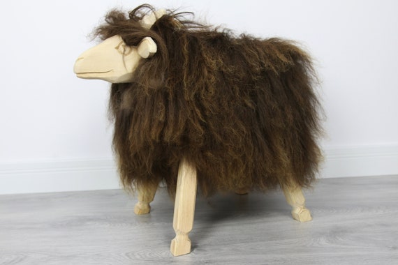 Wooden Sheepskin Bench | Nursery decor | wooden Sheep bench | Sheepskin Stool | Sheep sculpture | Rustic Stool | hand-carved wooden element