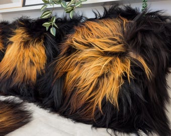 Beautiful Icelandic Black Brown Real Sheepskin Decorative Cushion Both Side Fur Scandinavian Style