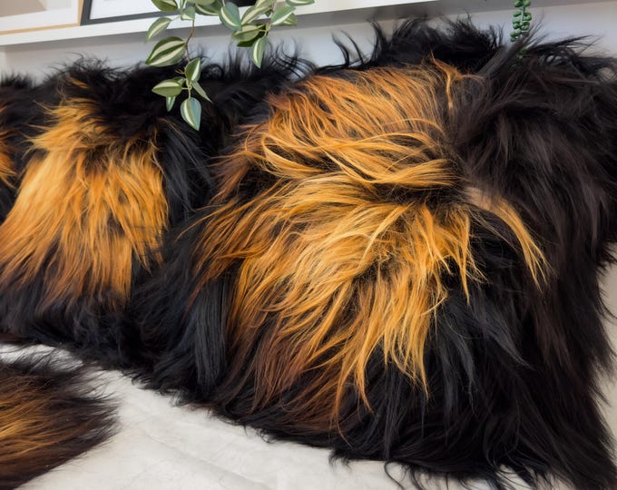 Beautiful Icelandic Black Brown Real Sheepskin Decorative Cushion Both Side Fur Scandinavian Style