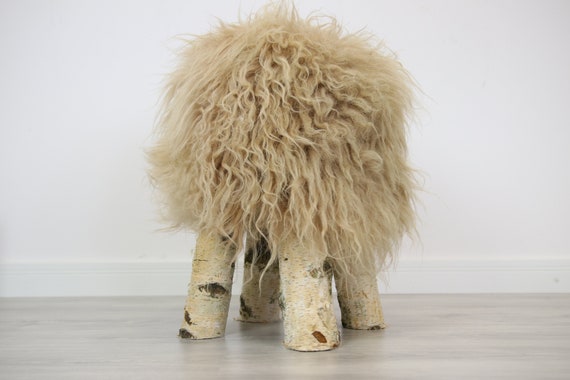 Wood Stool | Champagne Fur Stool | Sheepskin pouf | Icelandic Sheepskin stool | Vanity Stool | Birch tree stool | Champagne stool