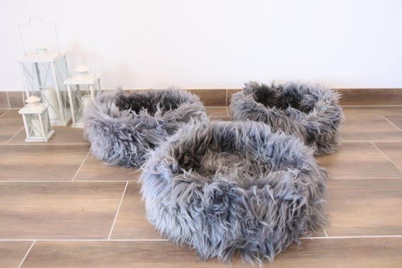 Large Sheepskin Cat bed | Sheepskin Dog bed | Cat Pouf | Dog Pouf | Sheepskin Cat Mat | Dog Mat | Gray Pet Bed | Fur Pet Bed