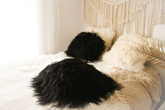 ON SALE Real Icelandic Black Sheepskin Pillow Sheepskin Cushion
