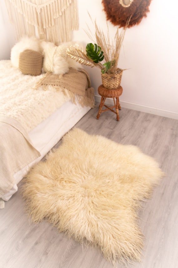 Double Real Mongolian Sheepskin Rug Square Sheepskin Rug Curly fur | POL19