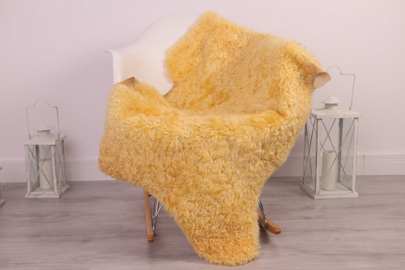 Real Sheepskin Rug Genuine Rare Gotland Sheepskin Rus - Curly Fur Rug Scandinavian Sheepvskin - Beige Yellow Sheepskin #4Margo10