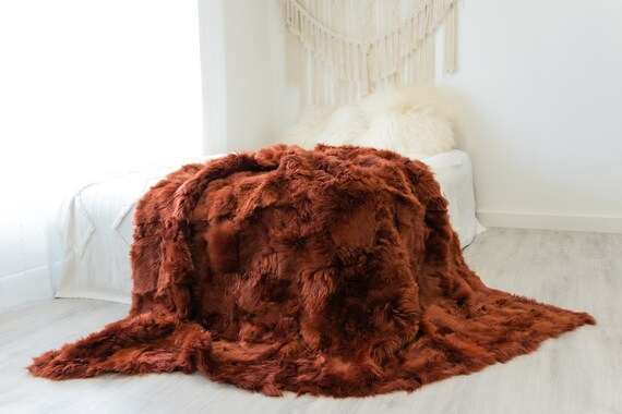 Luxurious Patchwork Toscana Sheepskin Real Fur Throw Real Fur Blanket | Sheepskin throw | Sheepskin Blanket Boho Throw Rusty Red #FuFu105