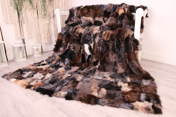 Luxurious Toscana Sheepskin Real Fur Bed Spread Throw Real Fur Blanket Sheepskin throw Sofa Cover Luxury Blanket Comforter Gray Brown Fu30