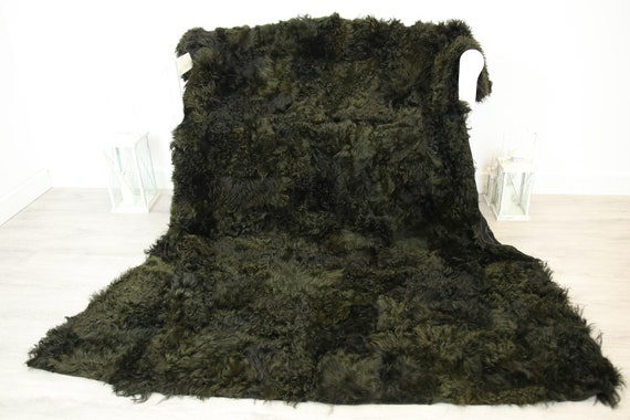 Luxurious Gotland Sheepskin Real Fur Throw | Real Fur Blanket | Sheepskin throw | Olive Green Throw