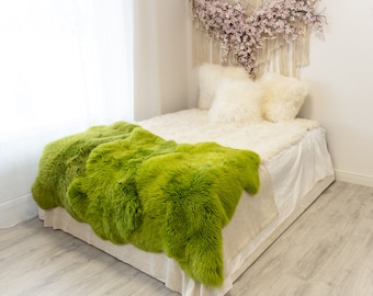 Triple Green Merino Sheepskin Rug | Long rug | Shaggy Rug | Chair Cover | Area Rug | Green Rug | Carpet | Green Throw | Sheep Skin