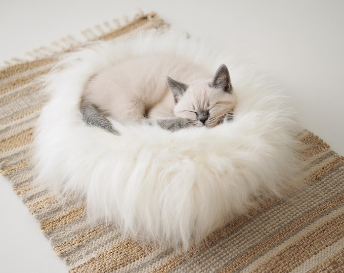 Icelandic Sheepskin Cat bed | Sheepskin Dog bed | Cat Pouf | Dog Pouf | Sheepskin Cat Mat | Dog Mat | Creamy White Pet Bed | Fur Pet Bed
