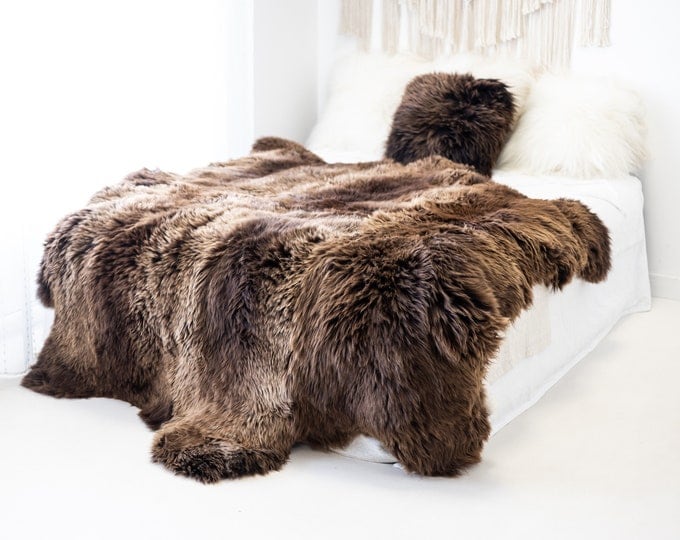 Real Fur Sheepskin Throw | Super Large | Sheepskin Rug | Boho Blanket | Merino Brown Sexto sheepskin Made Of 6 Sewn Sheepskins
