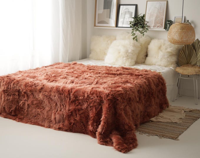 Luxurious Patchwork Toscana Sheepskin Rug Fur Throw | Real Fur Blanket | Sheepskin throw | Grapefruit Color Sheepskin Blanket Boho |MFU54