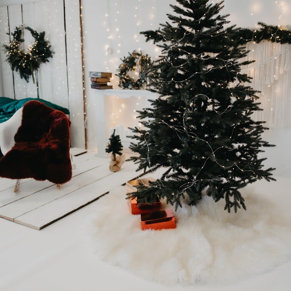 Jupe arbre en peau de mouton véritable fourrure | Jupe de sapin de Noël | Jupe sapin blanc crème | Jupe de sapin | Décoration de Noël