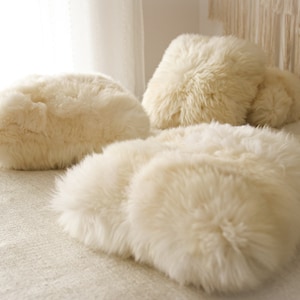 ON SALE Beautiful Natural Creamy White Real Sheepskin Decorative Cushion Both Side Fur Scandinavian Style