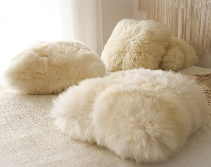 ON SALE Beautiful Natural Creamy White Real Sheepskin Decorative Cushion Both Side Fur Scandinavian Style