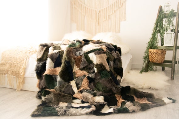 Luxurious Toscana Sheepskin Real Fur Bed Spread Throw Real Fur Blanket Sheepskin throw Sofa Cover Luxury Blanket Comforter Black Brown Fu37