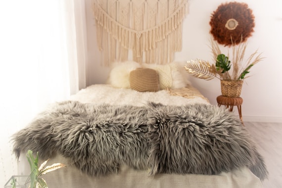 Double XXL Sheepskin Rug | Long rug | Shaggy Rug | Chair Cover | Runner Rug | Carpet | Gray White Sheepskin | Sheepskin Rug | POL13