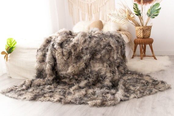 Luxurious Toscana Sheepskin Real Fur Throw | Real Fur Blanket | Sheepskin throw | Throw | Fu01 | Gray Throw
