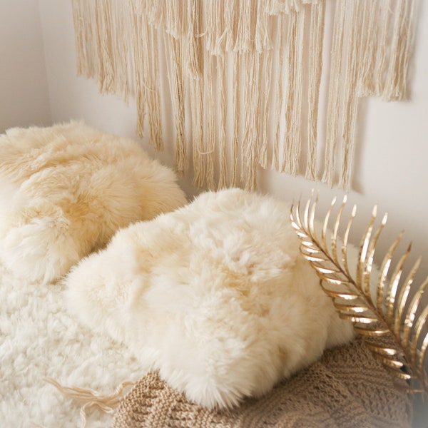 Beautiful unique real, natural SHEEPSKIN Pillow Sheepskin Cushion, soft, thick fur! - Large creamy white