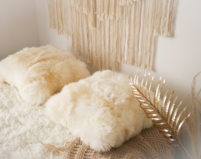 Beautiful unique real, natural SHEEPSKIN Pillow Sheepskin Cushion, soft, thick fur! - Large creamy white