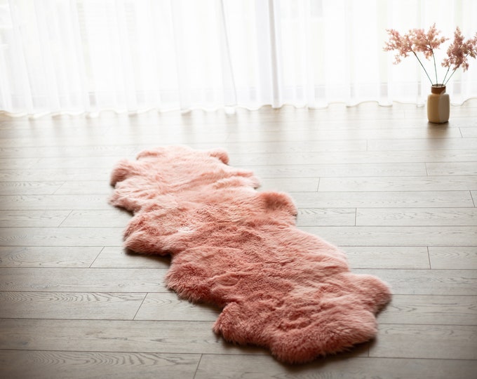 Double Pink Merino Sheepskin Rug | Long rug | Shaggy Rug | Chair Cover | Area Rug | Pink Rug | Carpet | Pink Throw | Sheep Skin