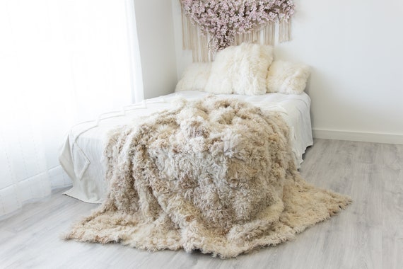 Curly Luxurious Patchwork Toscana Sheepskin Real Fur Throw | Real Fur Blanket | Sheepskin throw | Sheepskin Blanket Boho Throw Ivory #FuFu81