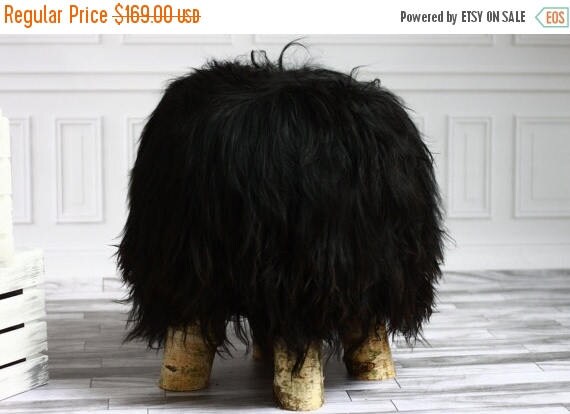 ON SALE Luxury Beautiful Real SHAGGY Black Icelandic Sheepskin Stool, Chair, Pouf, Scandinavian Design