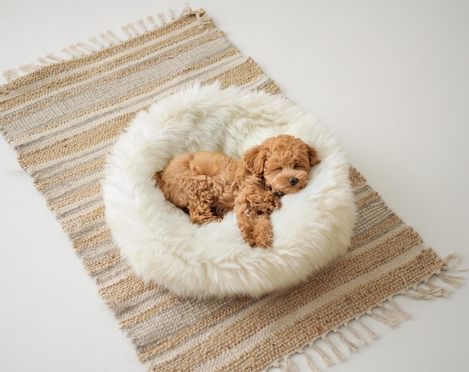 Merino Sheepskin Pet bed , Cat cave , Dog bed , Cat house ,Pet furniture hand made -  Genuine Real Sheepskin - Creamy White