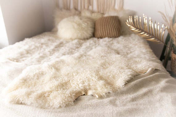 Real Sheepskin Rug Genuine Rare Gotland Sheepskin Rus - Curly Fur Rug Scandinavian Sheep skin - White Curly Sheepskin #Bohgot16