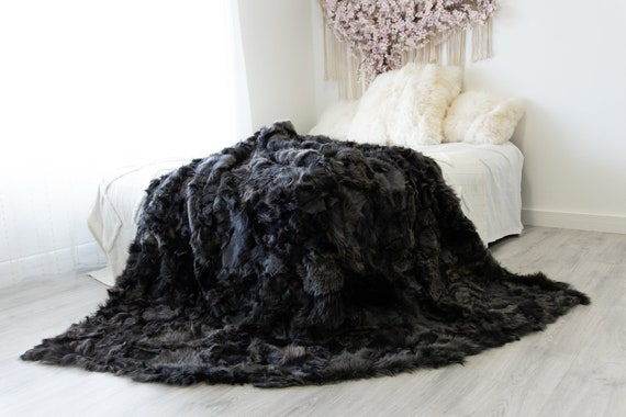 Luxurious Patchwork Toscana Sheepskin Real Fur Throw | Real Fur Blanket | Sheepskin throw | Sheepskin Blanket Boho Throw Gray Black #FuFu83