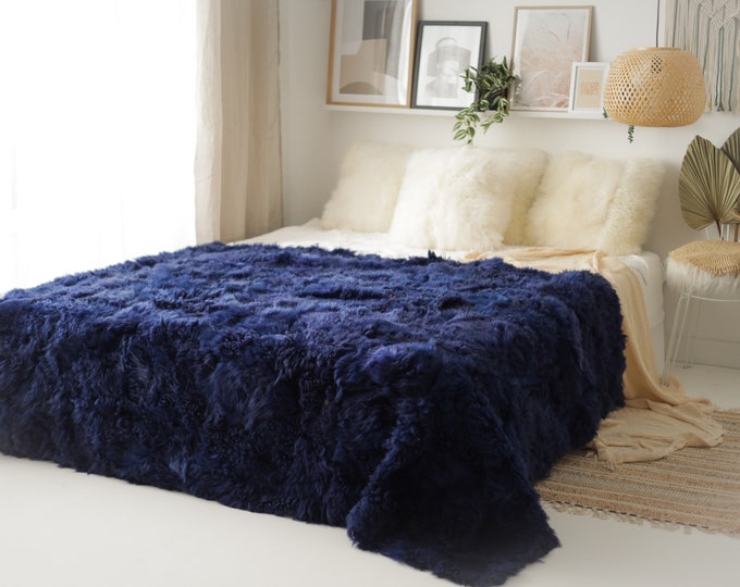 Luxurious Patchwork Toscana Sheepskin Rug Fur Throw | Real Fur Blanket | Sheepskin throw | Indigo color Sheepskin Blanket Boho |FuFu406