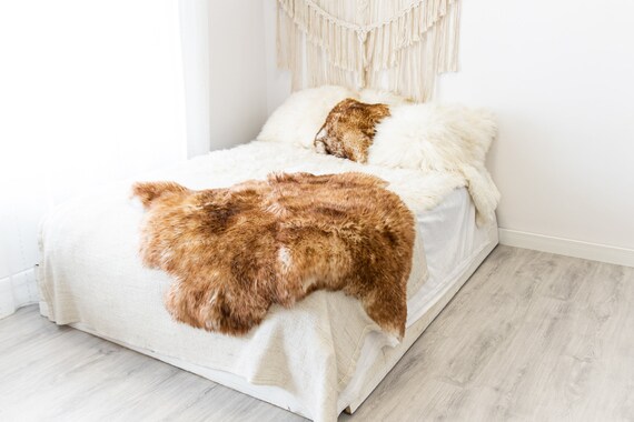 Double Mouflon White Brown Sheepskin Rug | Long rug | Shaggy Rug | Chair Cover | Area Rug | Brown Rug | Carpet | Brown Tips Sheepskin
