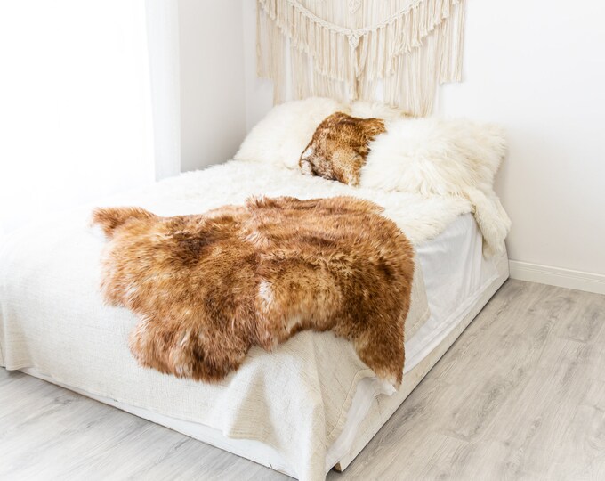 Double Mouflon White Brown Sheepskin Rug | Long rug | Shaggy Rug | Chair Cover | Area Rug | Brown Rug | Carpet | Brown Tips Sheepskin